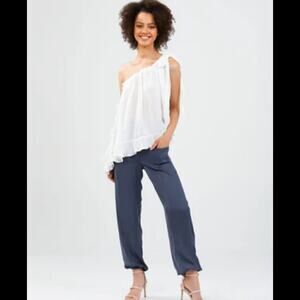 FREE PEOPLE ONE SHOULDER FLOWY IVORY BLOUSE RUFFLE TRIM SMALL